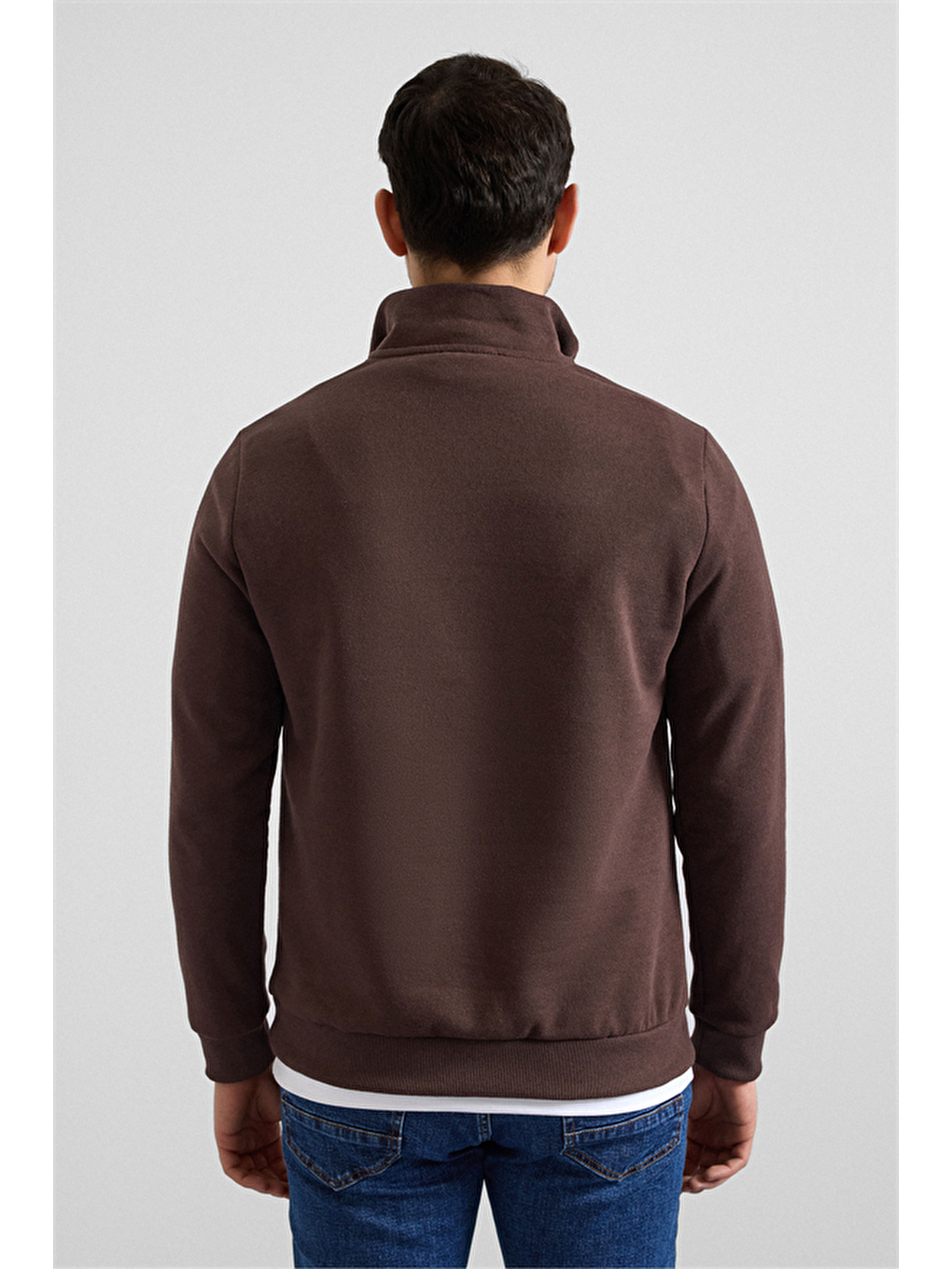 Kahverengi Koyu Kahve Regular Düz Yarım Balıkçı Yaka Sweatshirt-2