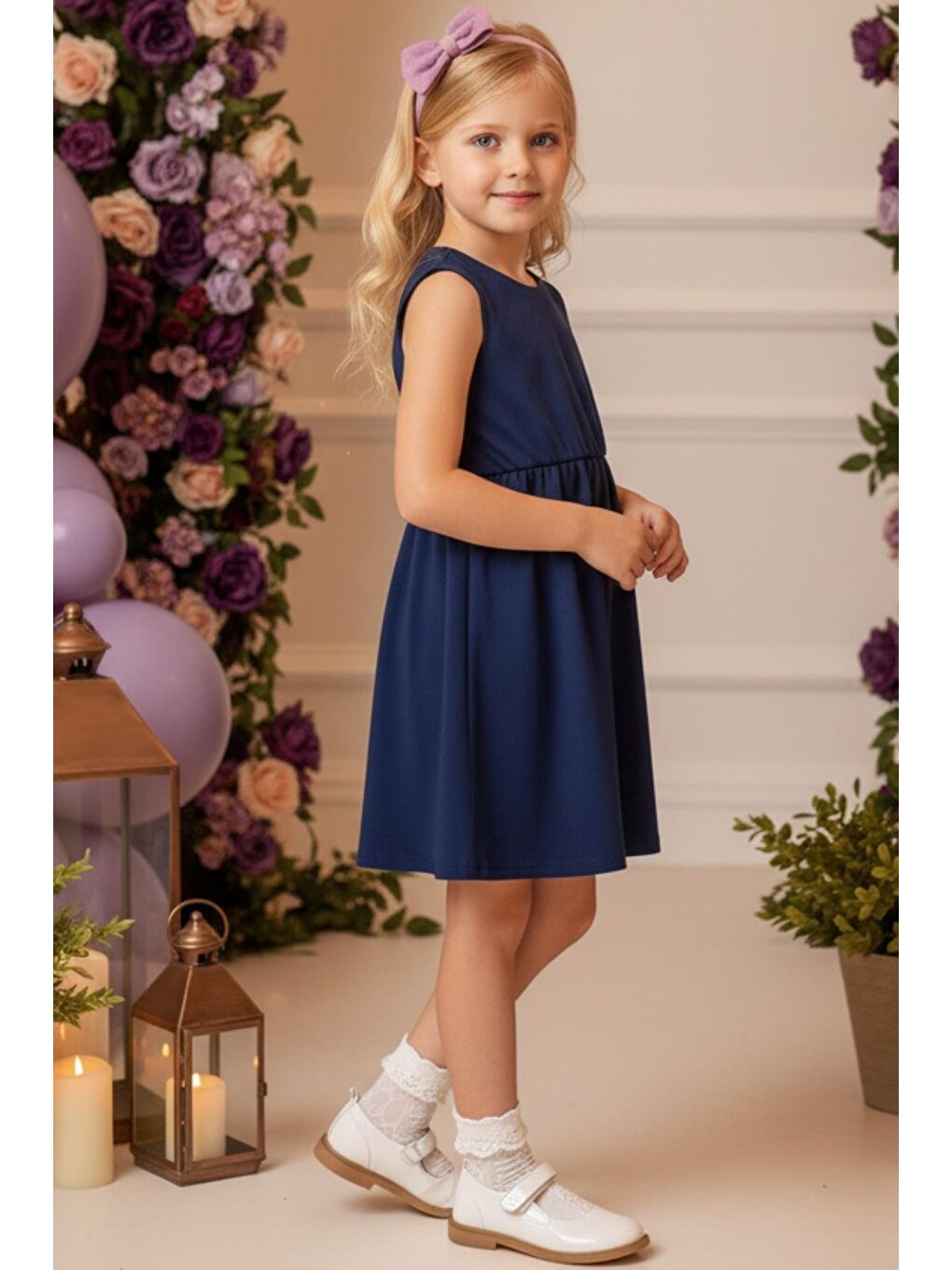 Lacivert Elbise Lila Bandana Takım