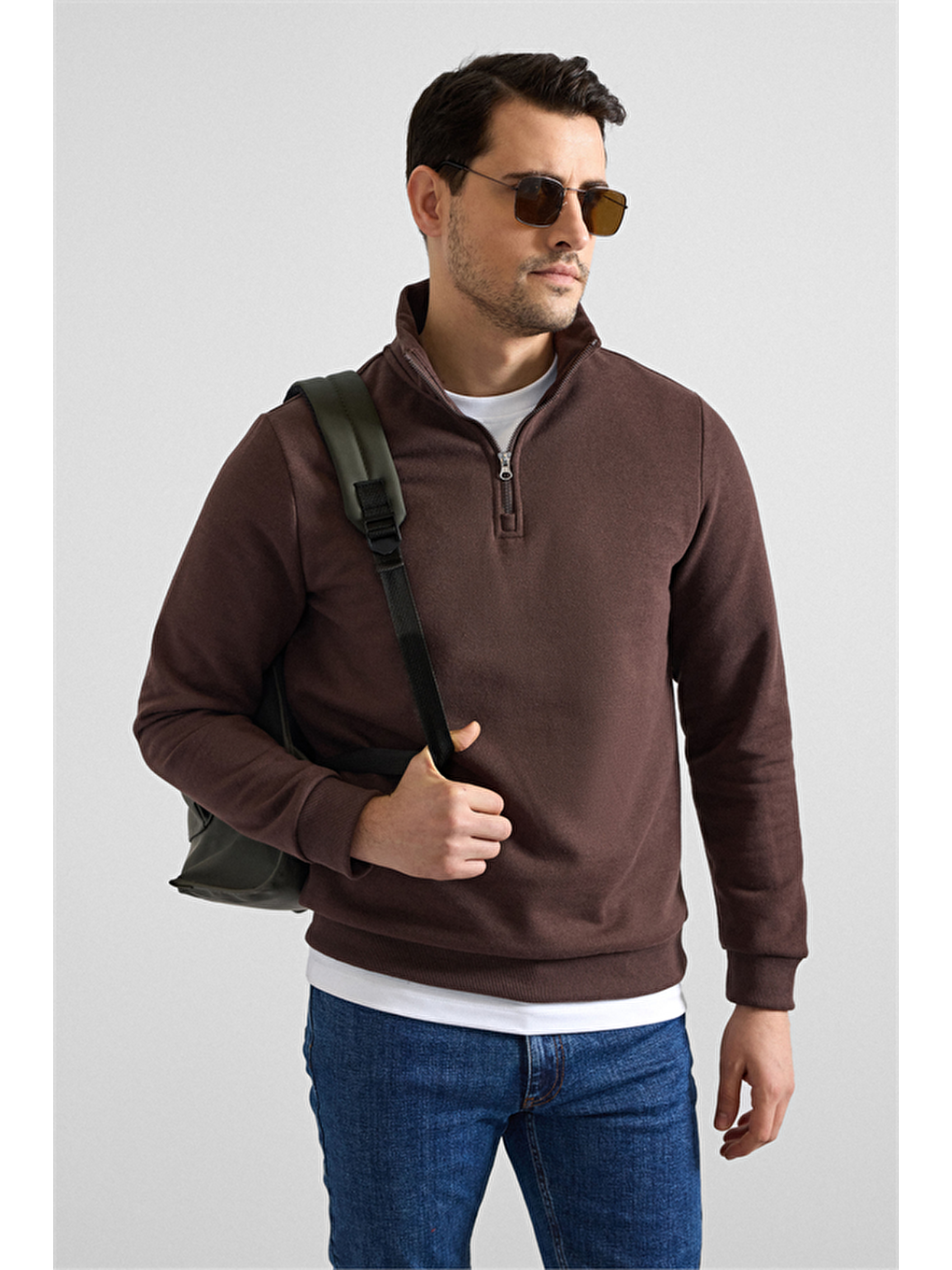 Kahverengi Koyu Kahve Regular Düz Yarım Balıkçı Yaka Sweatshirt-3