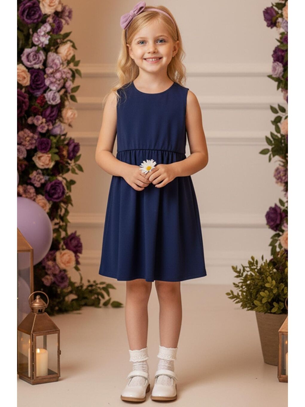 Lacivert Elbise Lila Bandana Takım-1