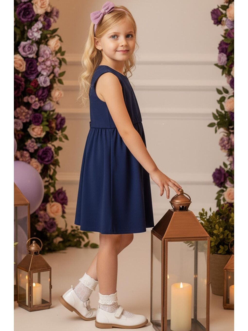 Lacivert Elbise Lila Bandana Takım-2