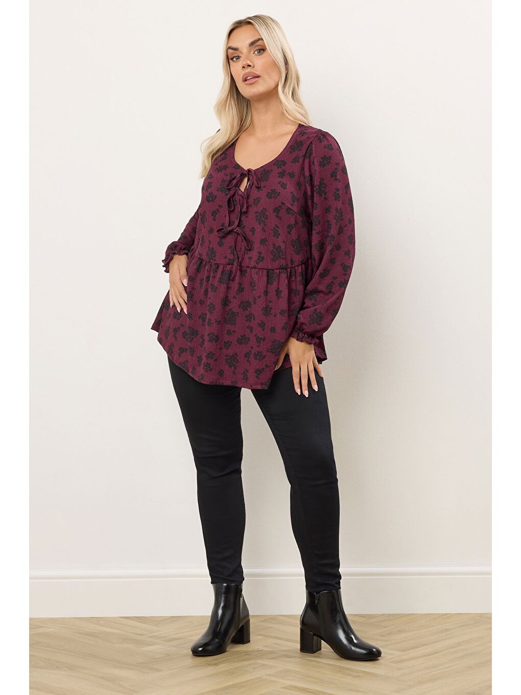 Mürdüm Büyük Beden Yaka Detaylı Uzun Kollu Bürümcük Kumaş Bluz 323003-1