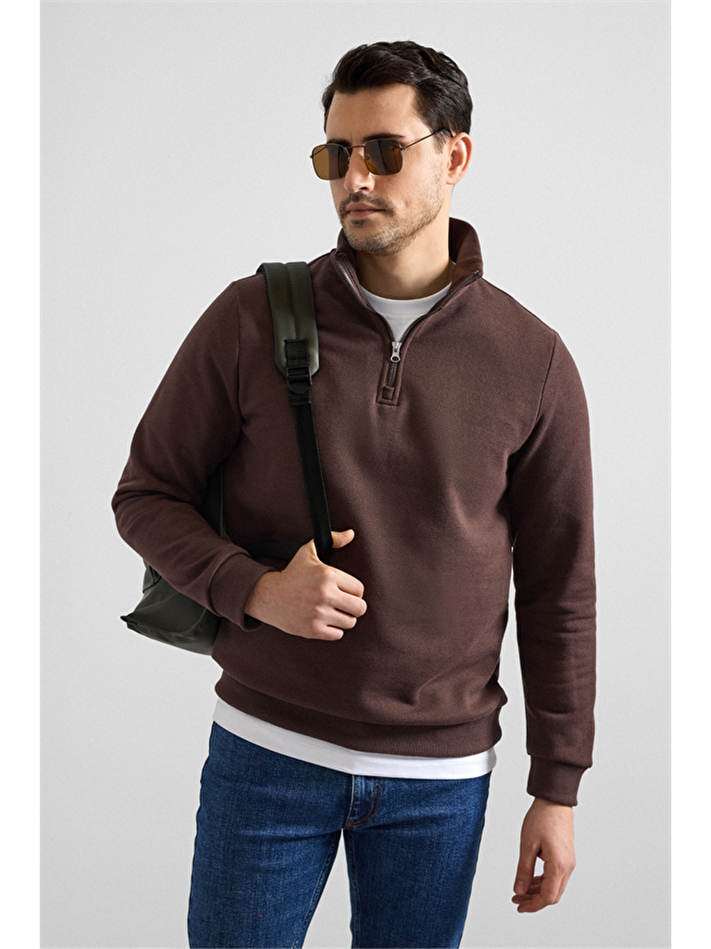 Kahverengi Koyu Kahve Regular Düz Yarım Balıkçı Yaka Sweatshirt-4