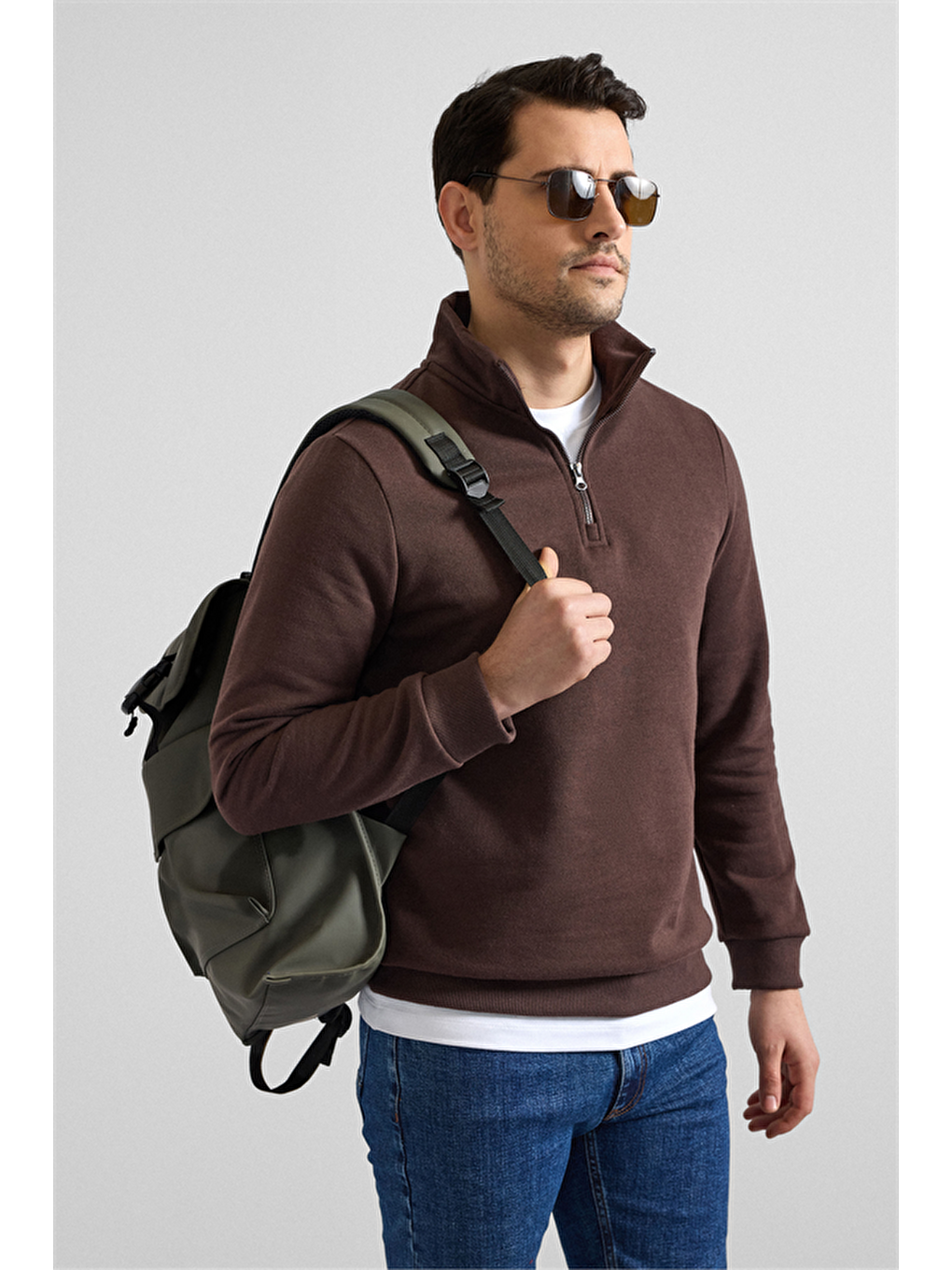 Kahverengi Koyu Kahve Regular Düz Yarım Balıkçı Yaka Sweatshirt-5