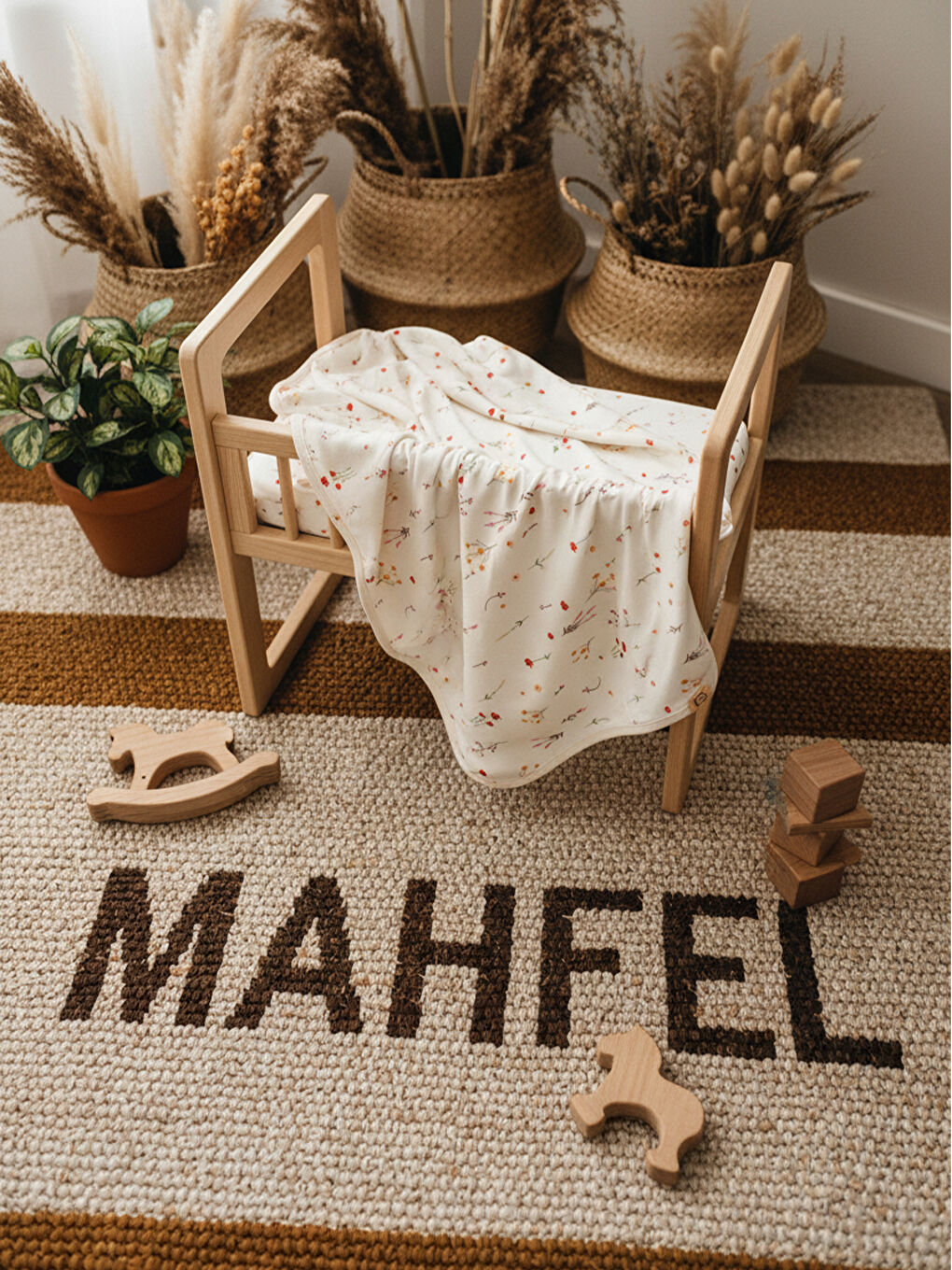 Ekru %100 Pamuklu Dallı Çiçek Baskılı Bebek Battaniyesi-3