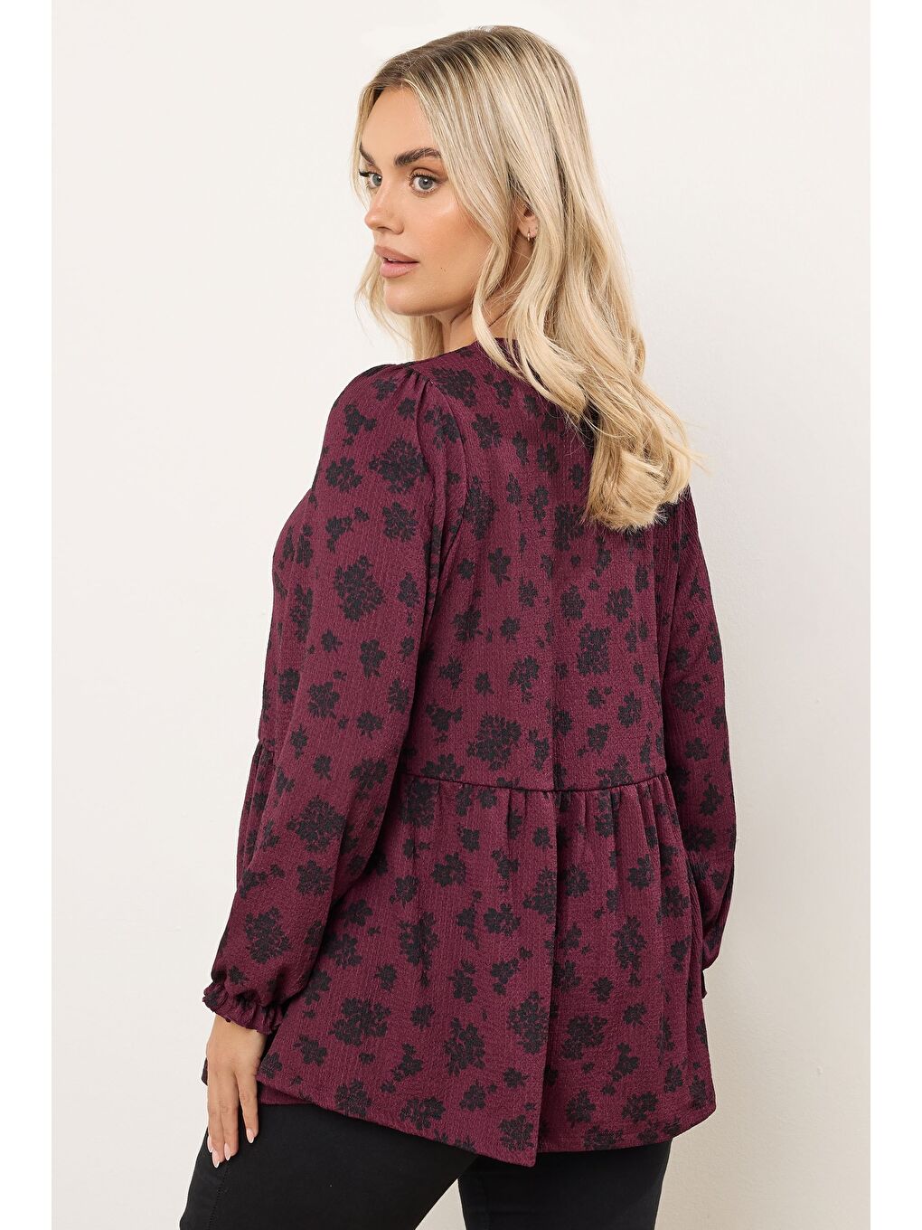 Mürdüm Büyük Beden Yaka Detaylı Uzun Kollu Bürümcük Kumaş Bluz 323003-3