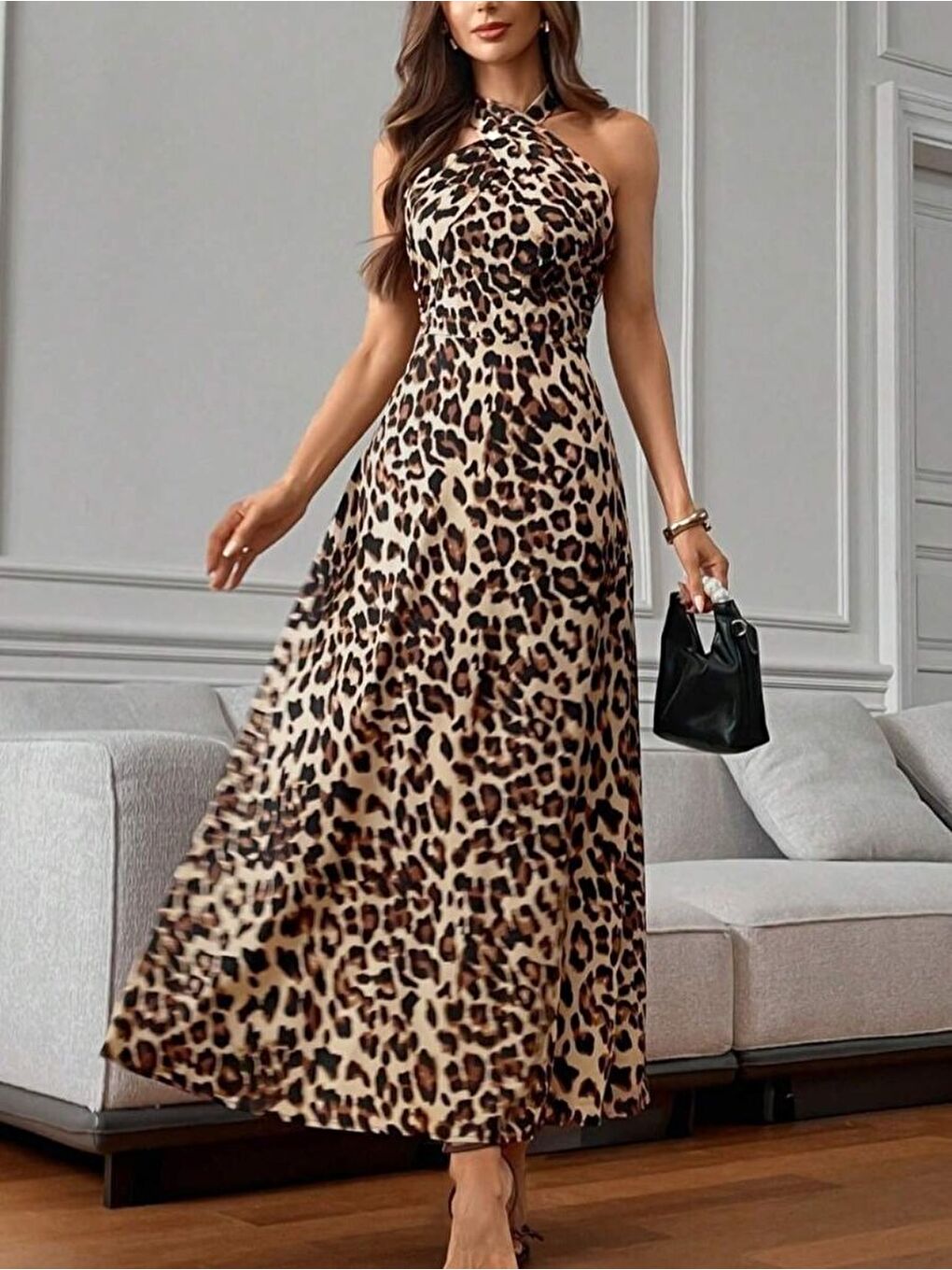 Kahverengi Kadın Omuzlardan Açık Boyundan çapraz Bağlama Detaylı Süprem Elbise-4