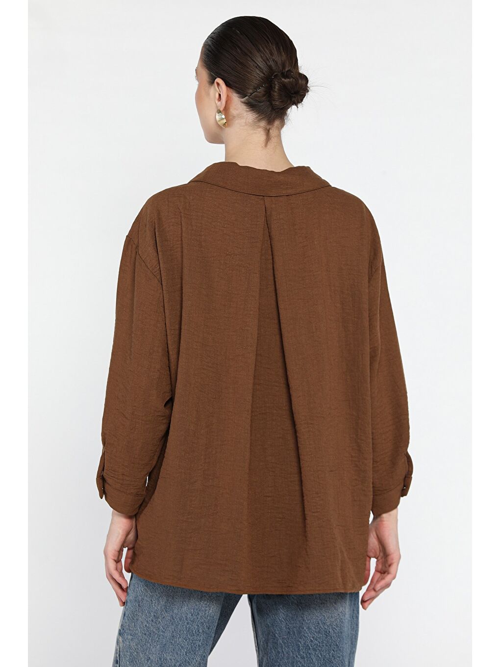 Kahverengi Kadın Nakışlı Oversize Gömlek-2