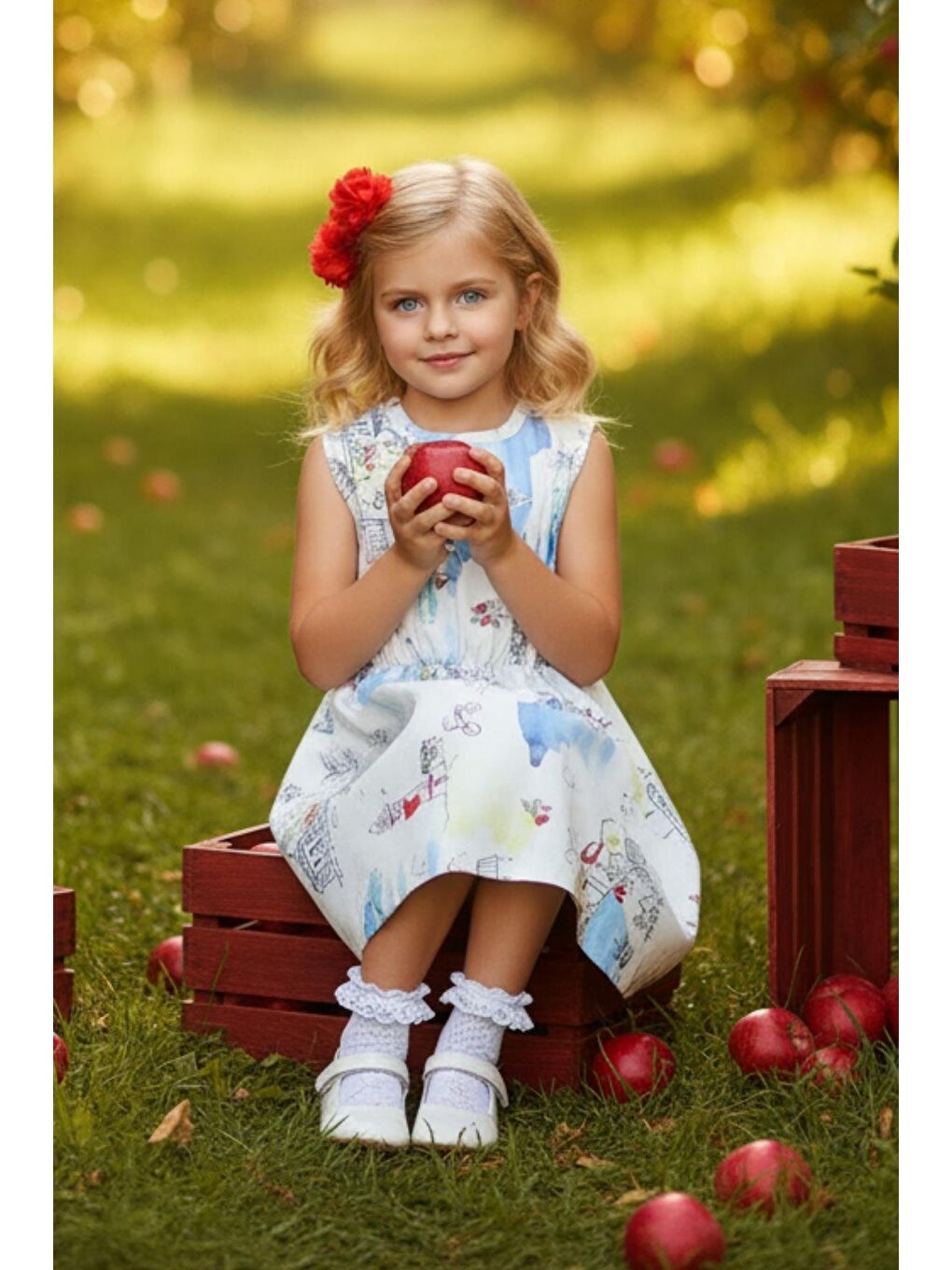 Ekru Kız Çocuk Kız Kulesi Figürlü Elbise Kırmızı Toka Takım-1