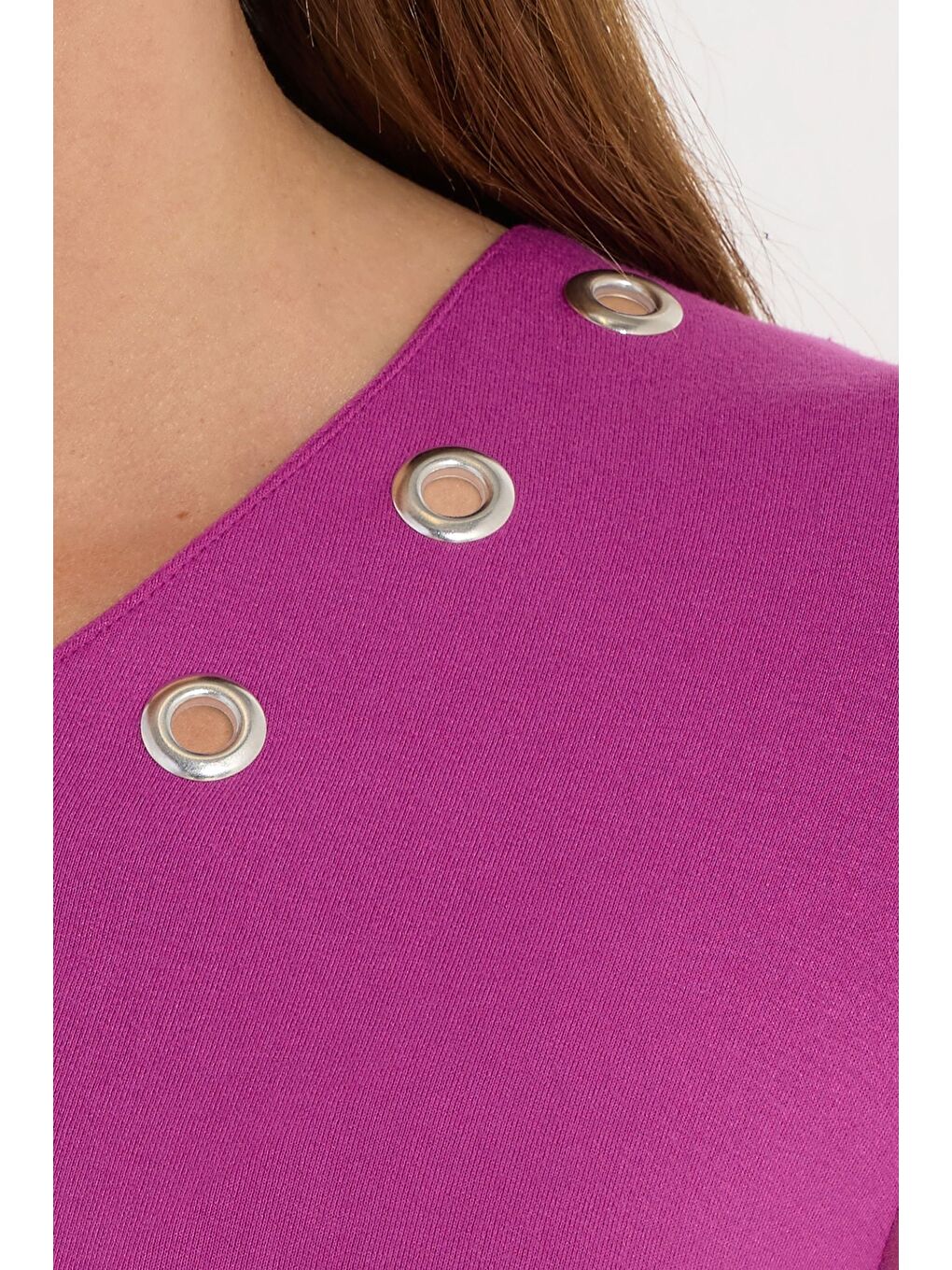 Fuşya Büyük Beden V Yaka Uzun Kollu Tül Detaylı Asimetrik Kesim Bluz 110881-5