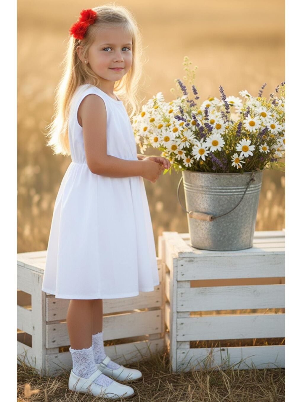 Ekru Krem Elbise Kırmızı Toka Takım