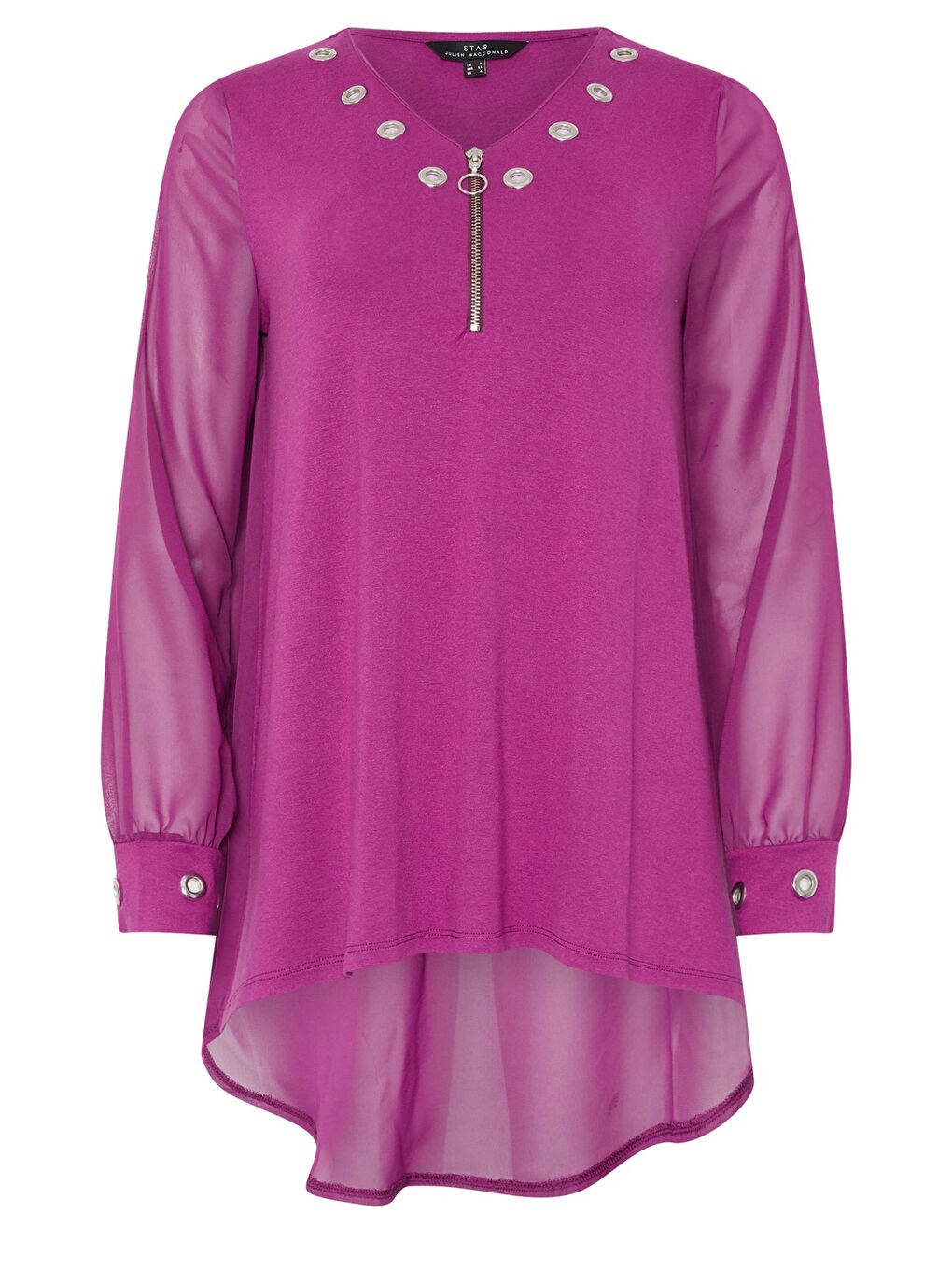 Fuşya Büyük Beden V Yaka Uzun Kollu Tül Detaylı Asimetrik Kesim Bluz 110881-6