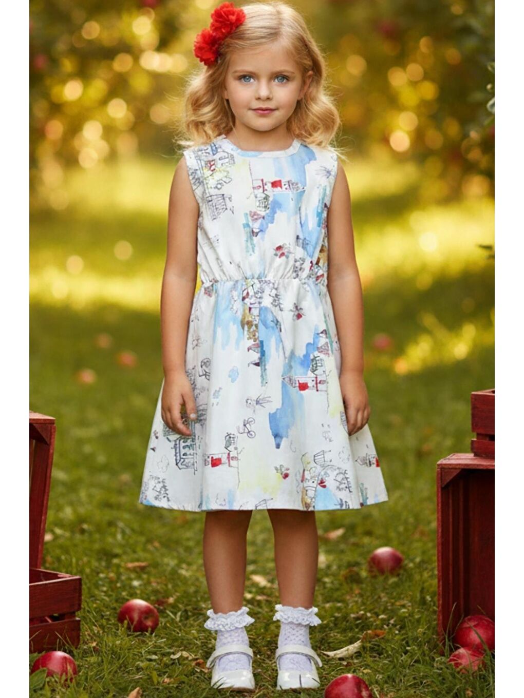 Ekru Kız Çocuk Kız Kulesi Figürlü Elbise Kırmızı Toka Takım-2