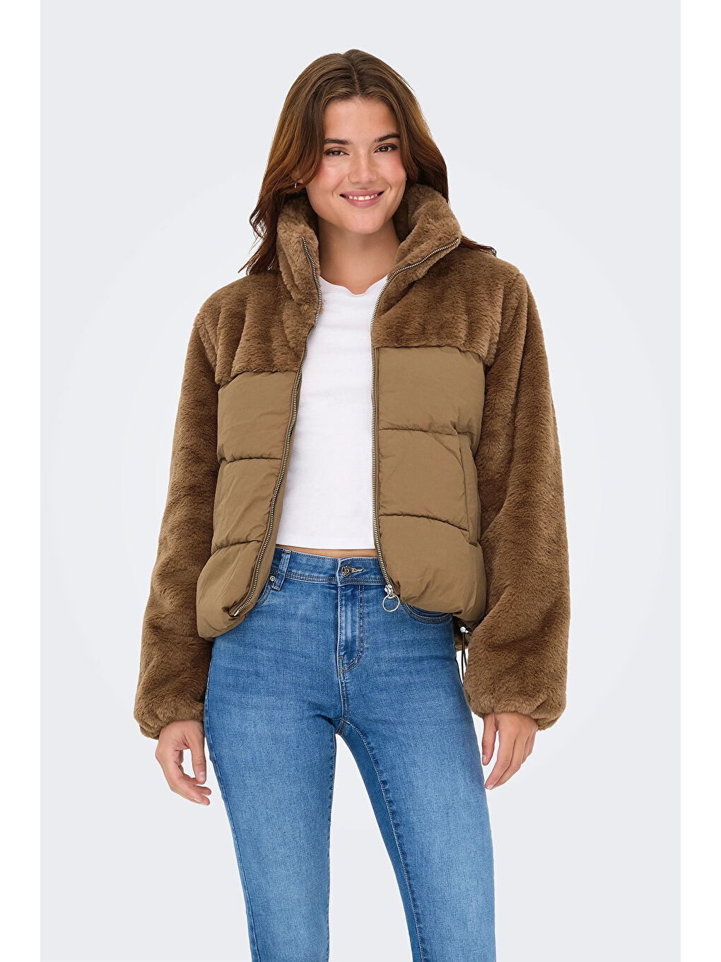 Kahverengi Onlwanja Regular Fit Pelüş Detaylı Şişme Kadın Mont 15292945