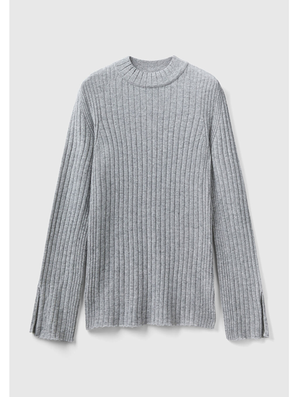 Kadın Gri Melanj Yün Karışımlı Kol Ucu Yırtmaçlı Yarım Balıkçı Kazak