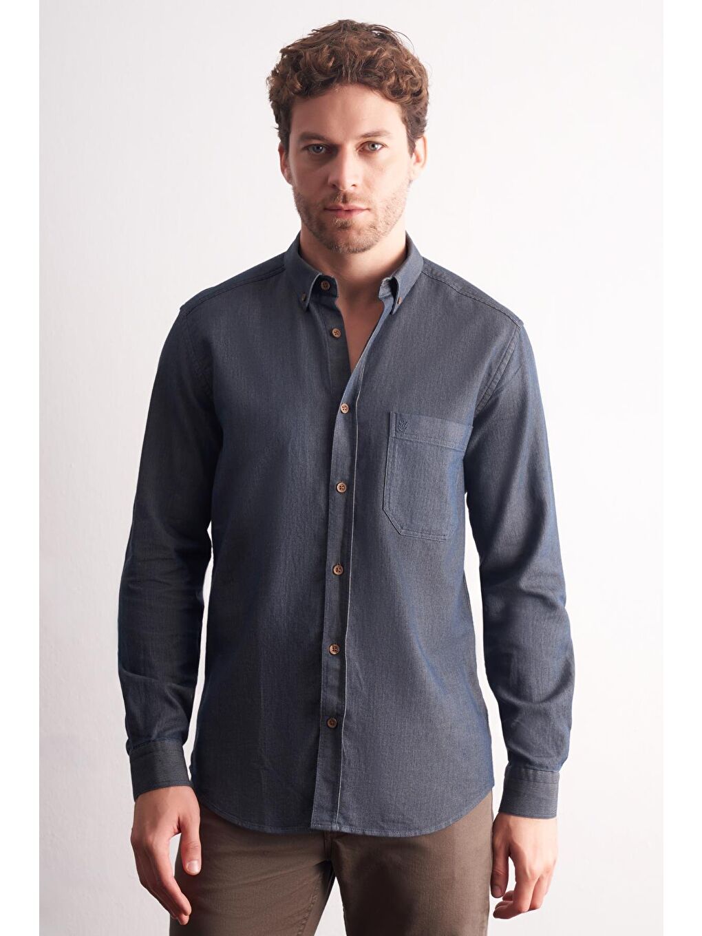 Lacivert Uzun Kol Düğmeli Yaka %100 Pamuk Slim Fit Gömlek 1004255199