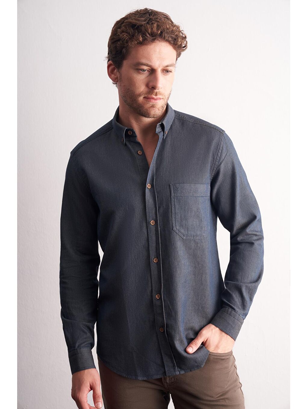 Lacivert Uzun Kol Düğmeli Yaka %100 Pamuk Slim Fit Gömlek 1004255199-2