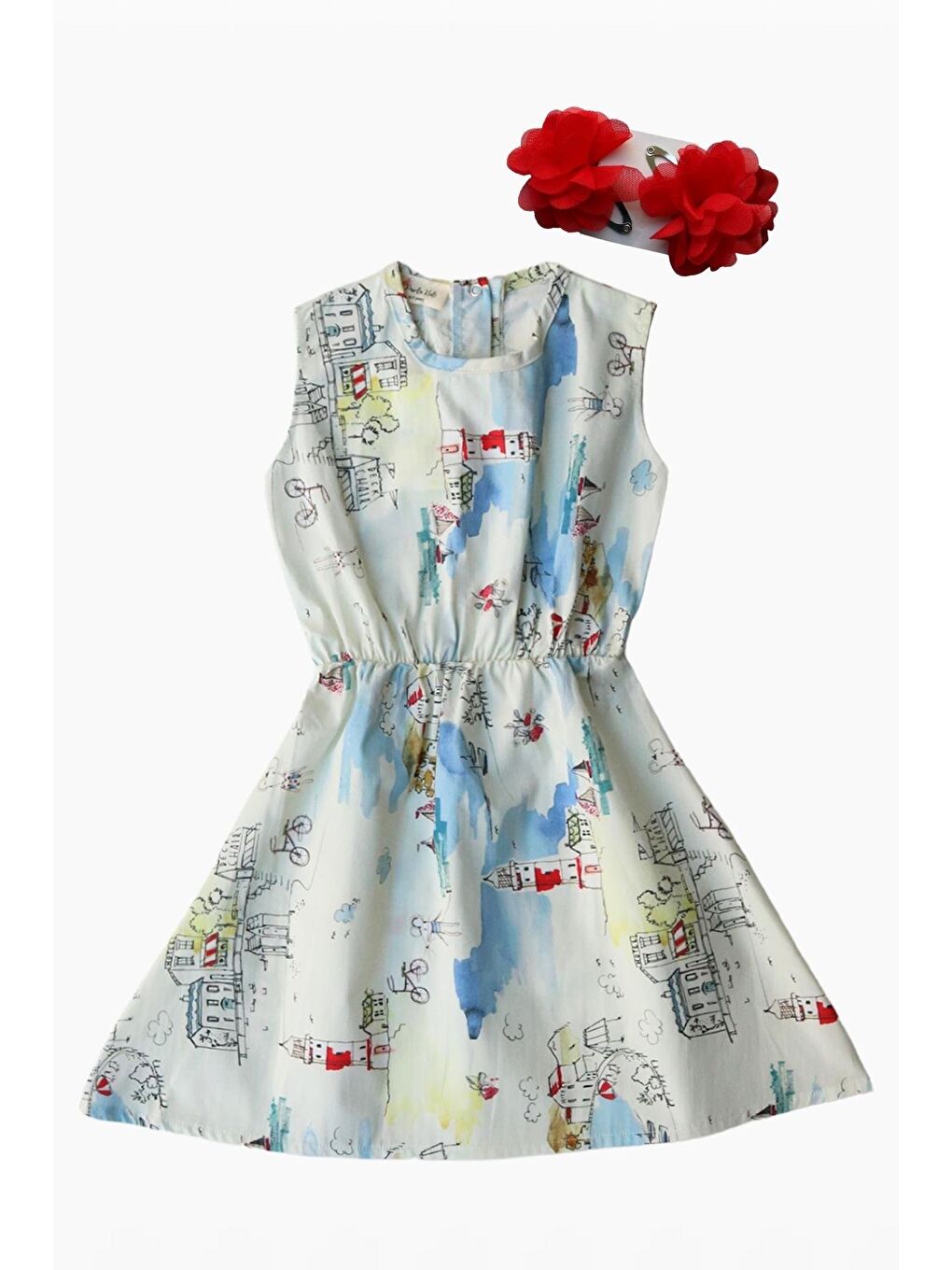 Ekru Kız Çocuk Kız Kulesi Figürlü Elbise Kırmızı Toka Takım-4