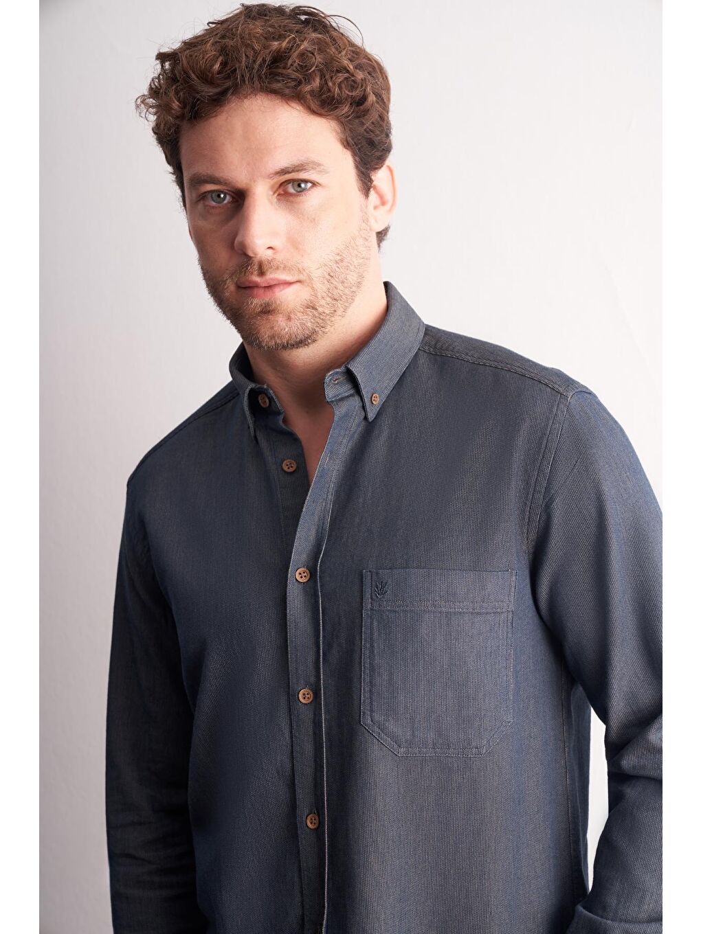 Lacivert Uzun Kol Düğmeli Yaka %100 Pamuk Slim Fit Gömlek 1004255199-3
