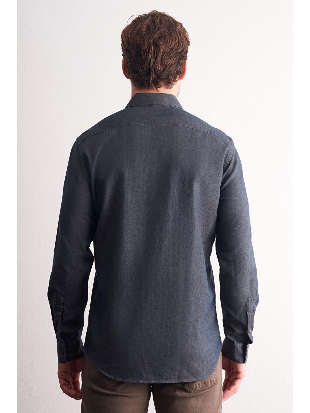 Lacivert Uzun Kol Düğmeli Yaka %100 Pamuk Slim Fit Gömlek 1004255199-4