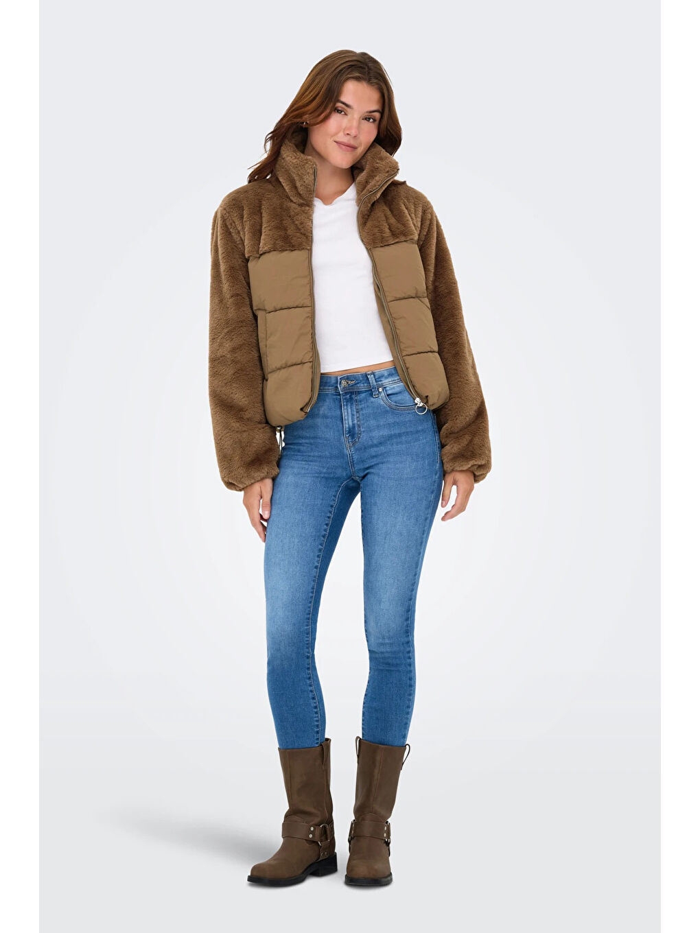 Kahverengi Onlwanja Regular Fit Pelüş Detaylı Şişme Kadın Mont 15292945-4