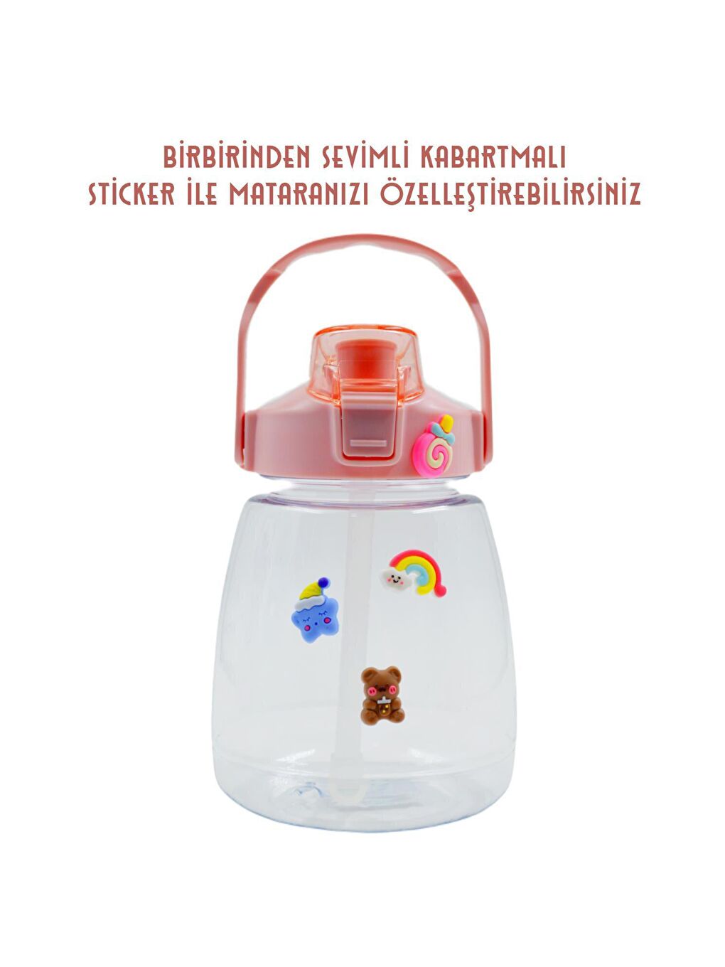 BottleBoss Pembe Taşıma Askılı Pipetli Şeffaf Matara 1200 Ml Sticker HEDİYELİ Pembe - 4