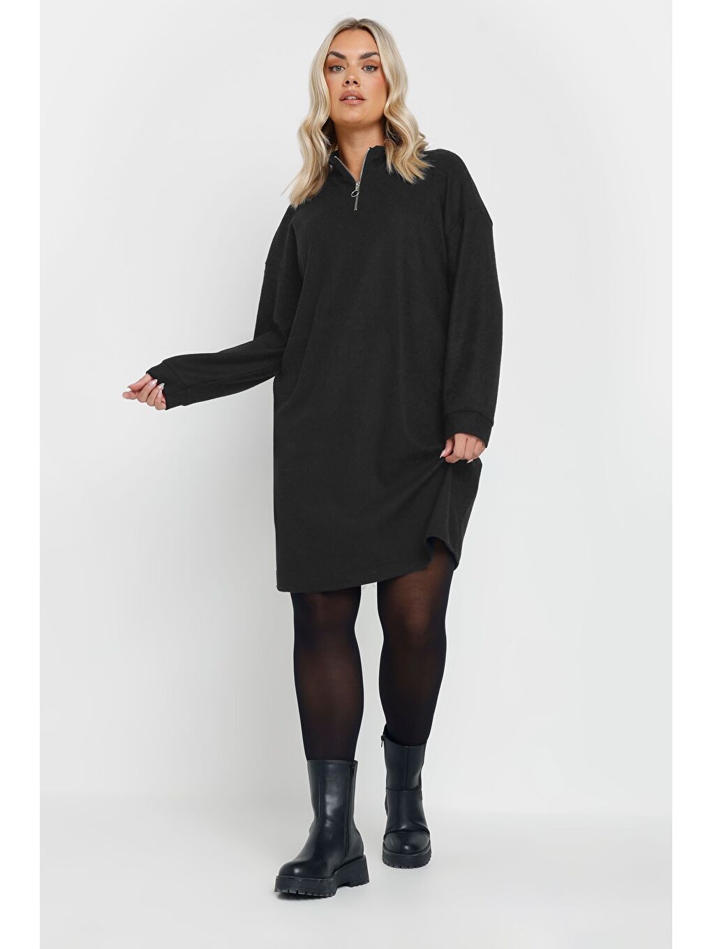 Siyah Büyük Beden V Yaka Uzun Kollu Fitili Kumaş Midi Elbise 303855