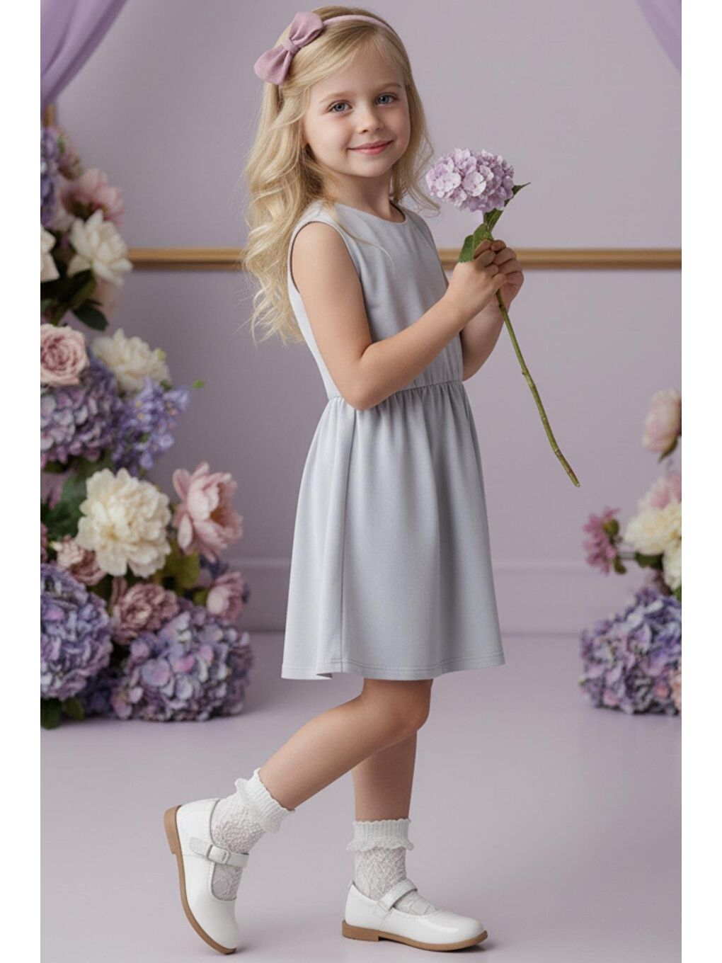 Açık Gri Elbise Lila Bandana Takım-1