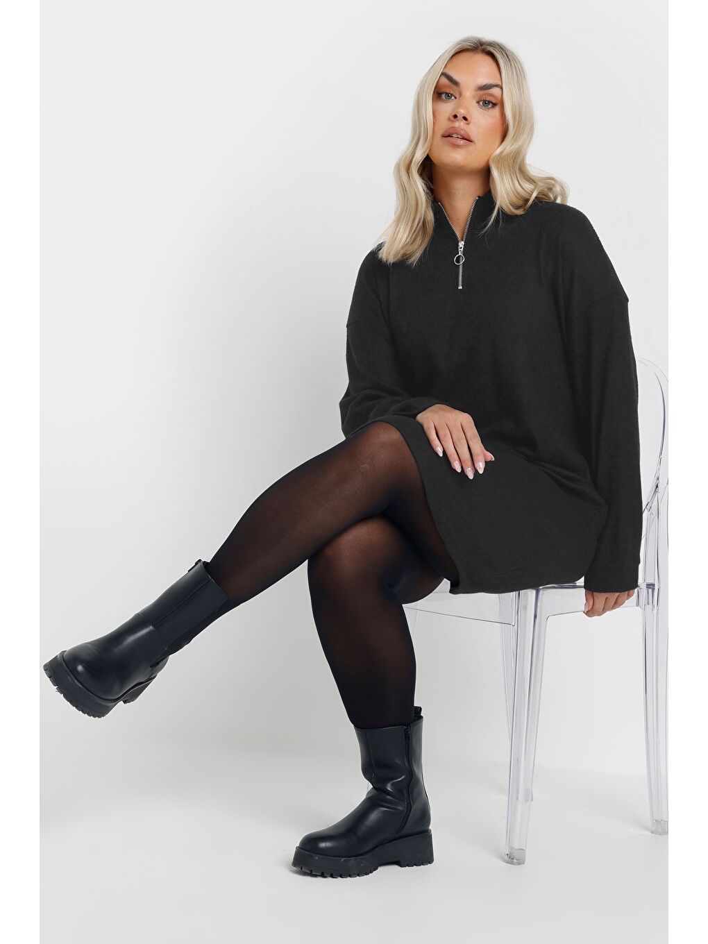 Siyah Büyük Beden V Yaka Uzun Kollu Fitili Kumaş Midi Elbise 303855-1