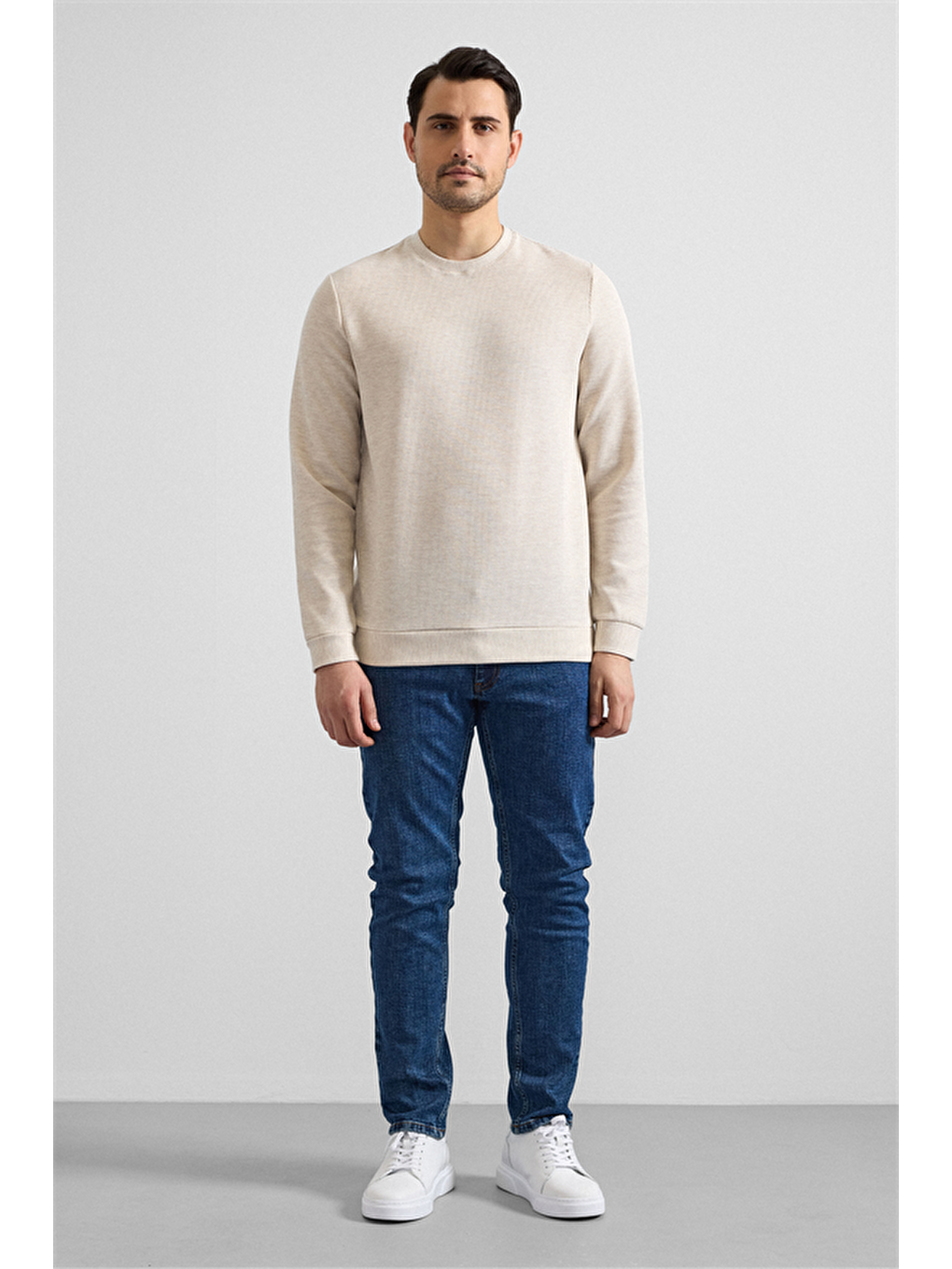 Bej Regular Düz Bisiklet Yaka Sweatshirt-3