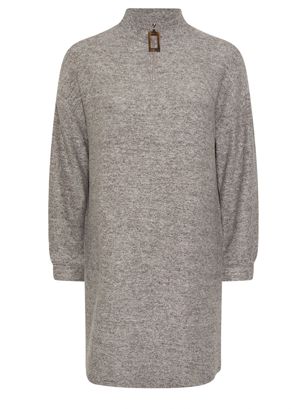 Gri Büyük Beden V Yaka Uzun Kollu Pelüş Kumaş Midi Elbise 304280-5