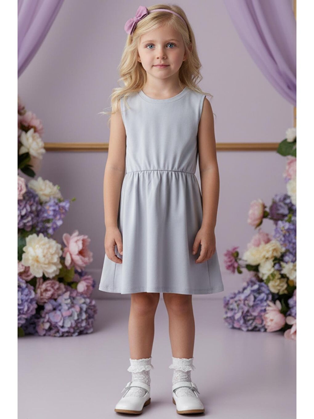 Açık Gri Elbise Lila Bandana Takım-3