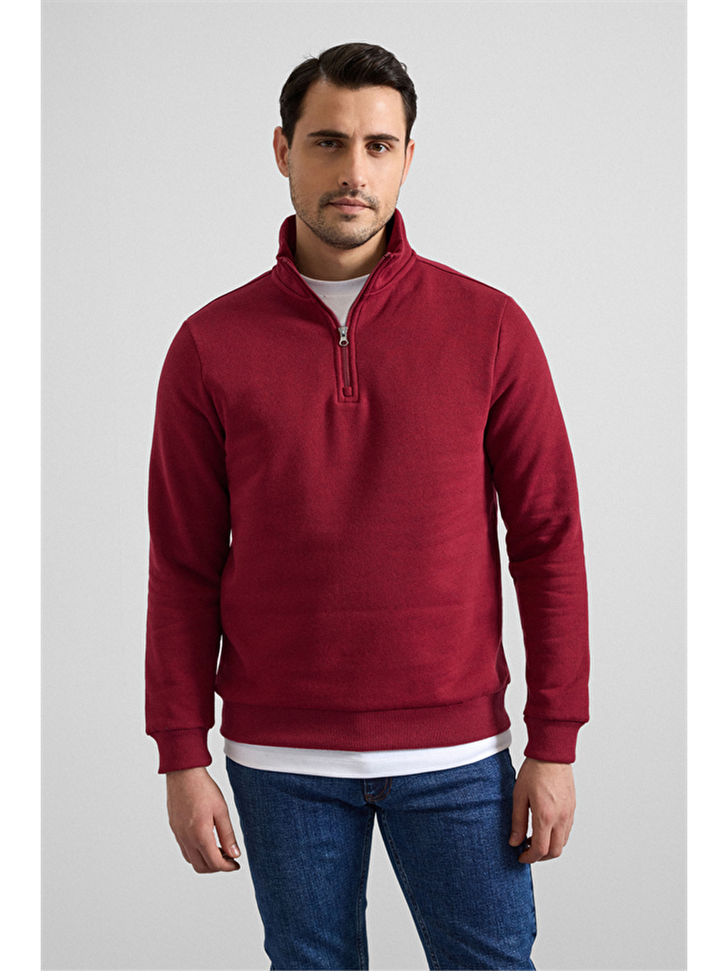 Koyu Bordo Regular Düz Yarım Balıkçı Yaka Sweatshirt-1