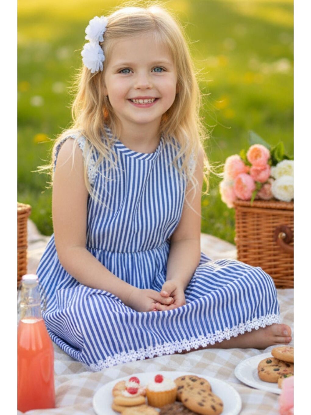 Mavi Beyaz Çizgili Fistolu Elbise Beyaz Toka Takım