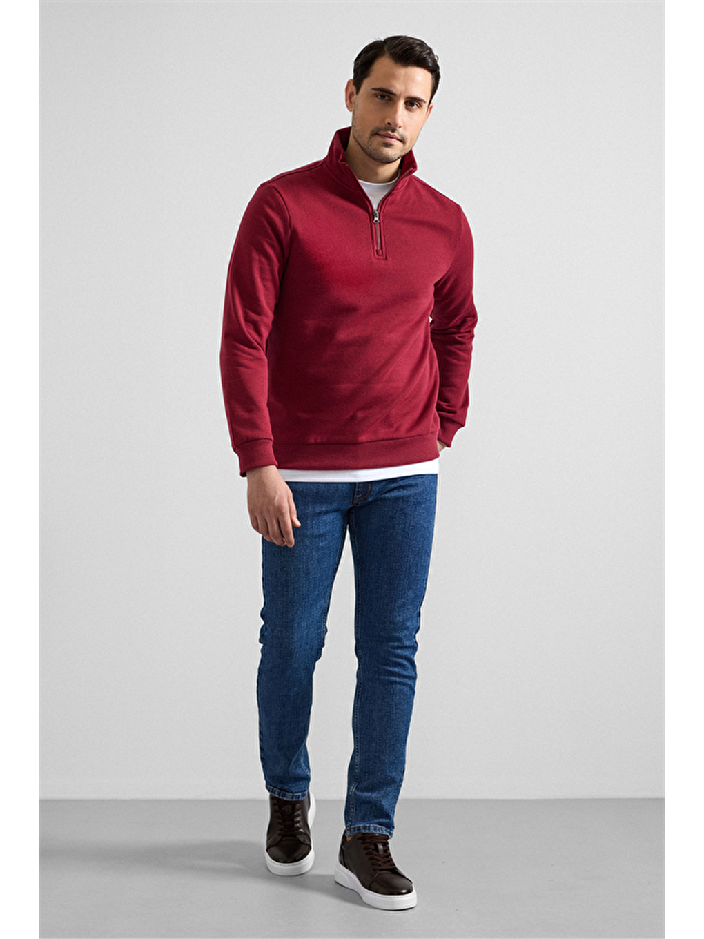 Koyu Bordo Regular Düz Yarım Balıkçı Yaka Sweatshirt-5