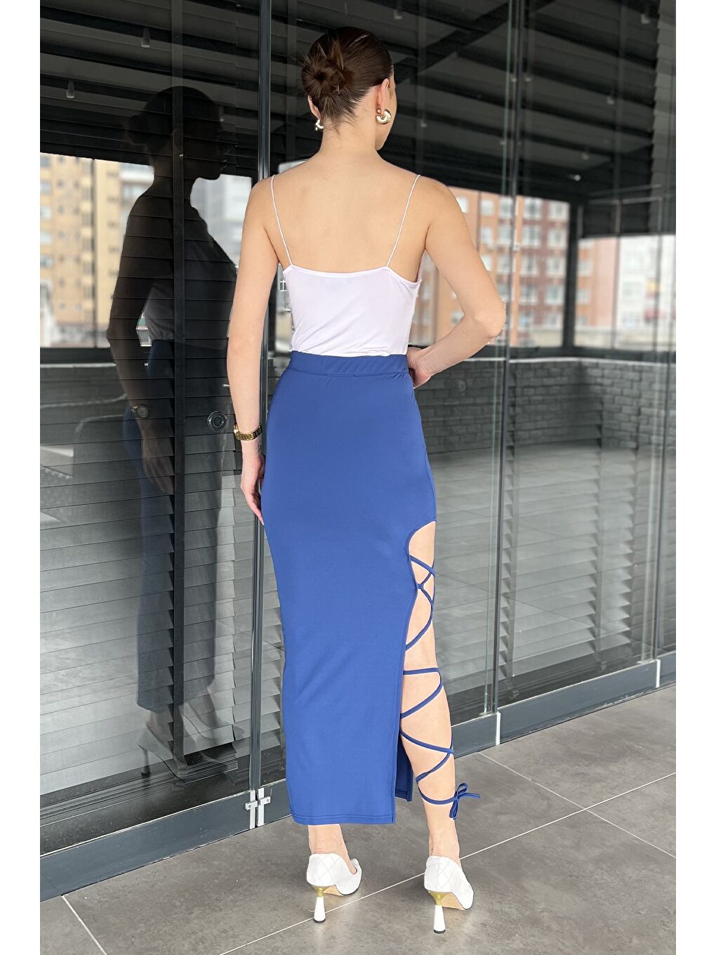 İndigo Kadın Yırtmaçlı Bağlama Detaylı Dalgıç Kumaş Etek-2