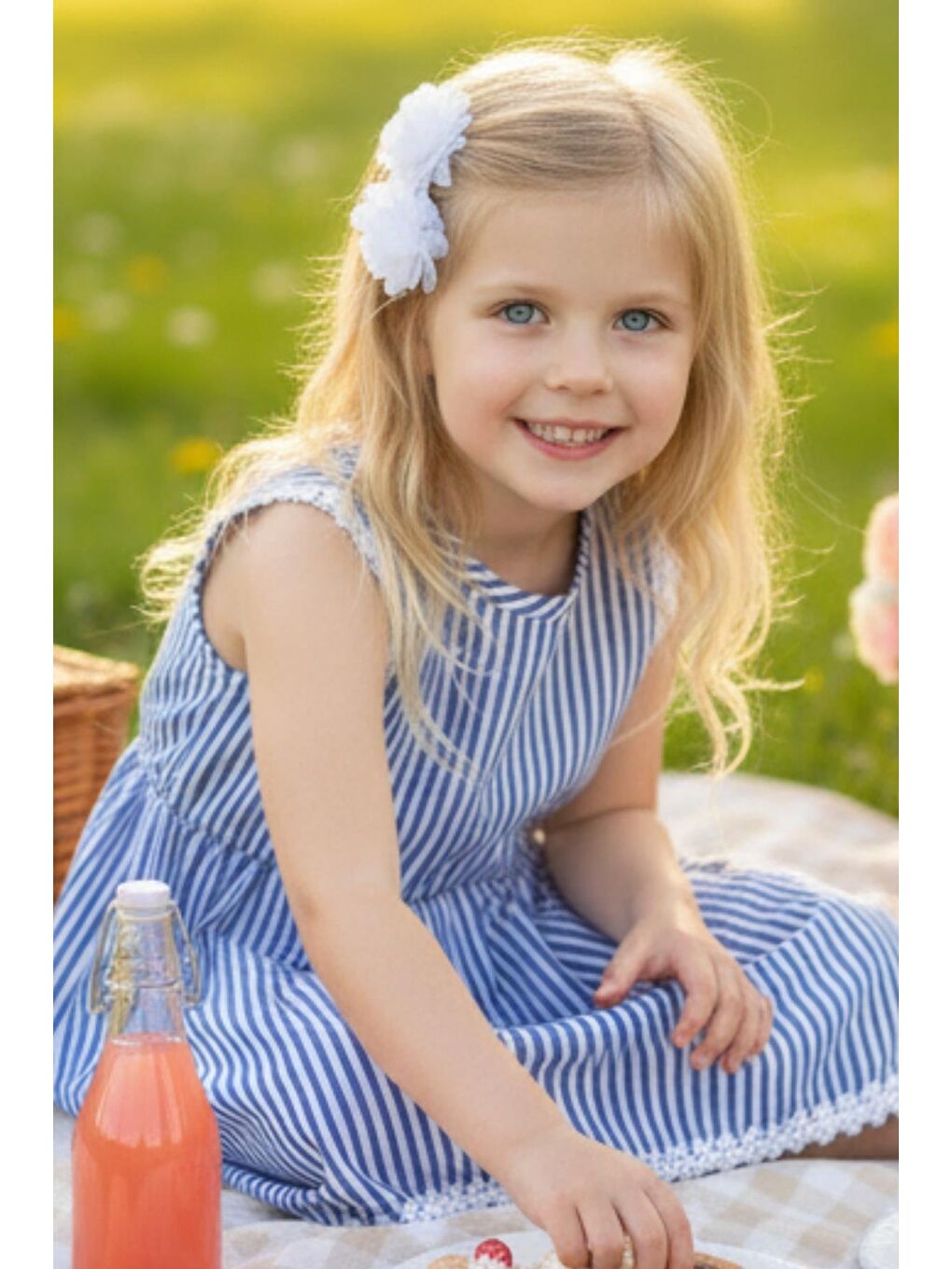 Mavi Beyaz Çizgili Fistolu Elbise Beyaz Toka Takım-1