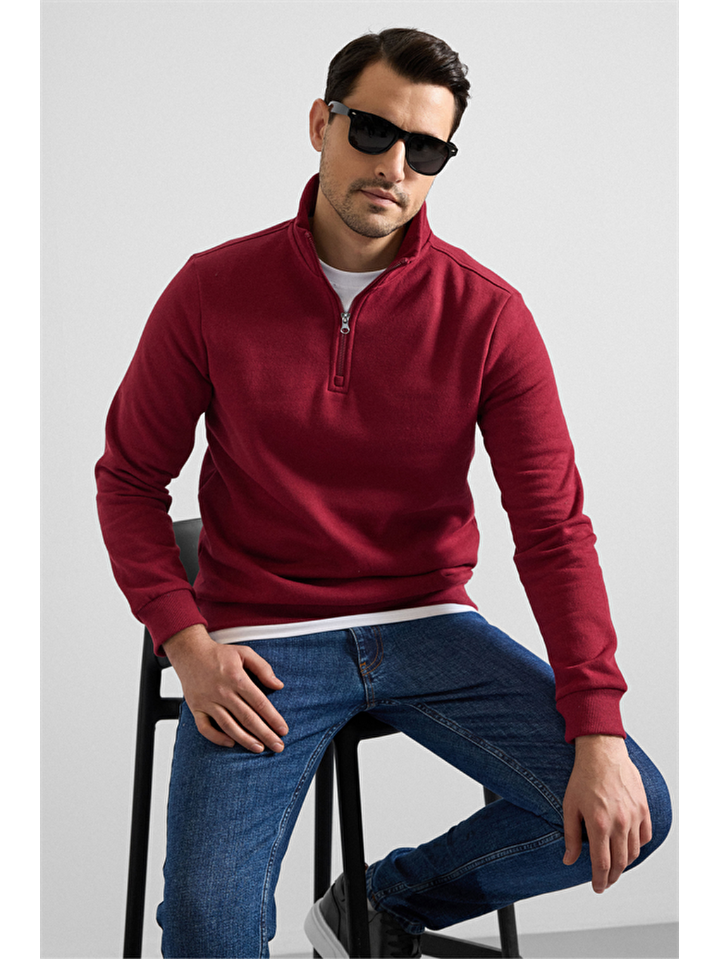 Koyu Bordo Regular Düz Yarım Balıkçı Yaka Sweatshirt-6