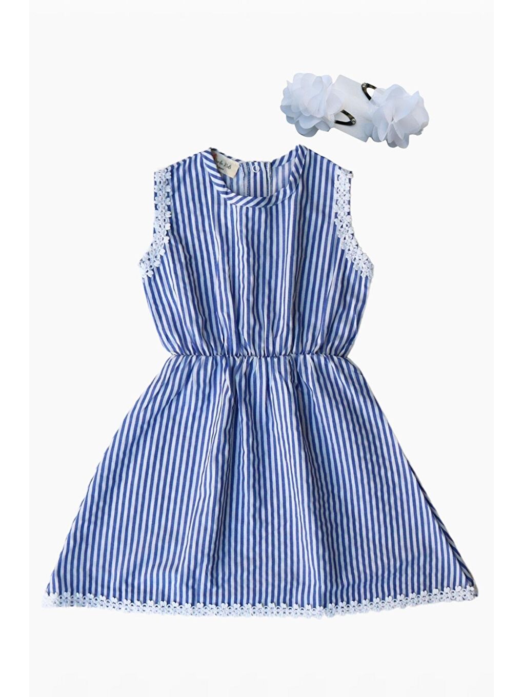Mavi Beyaz Çizgili Fistolu Elbise Beyaz Toka Takım-2