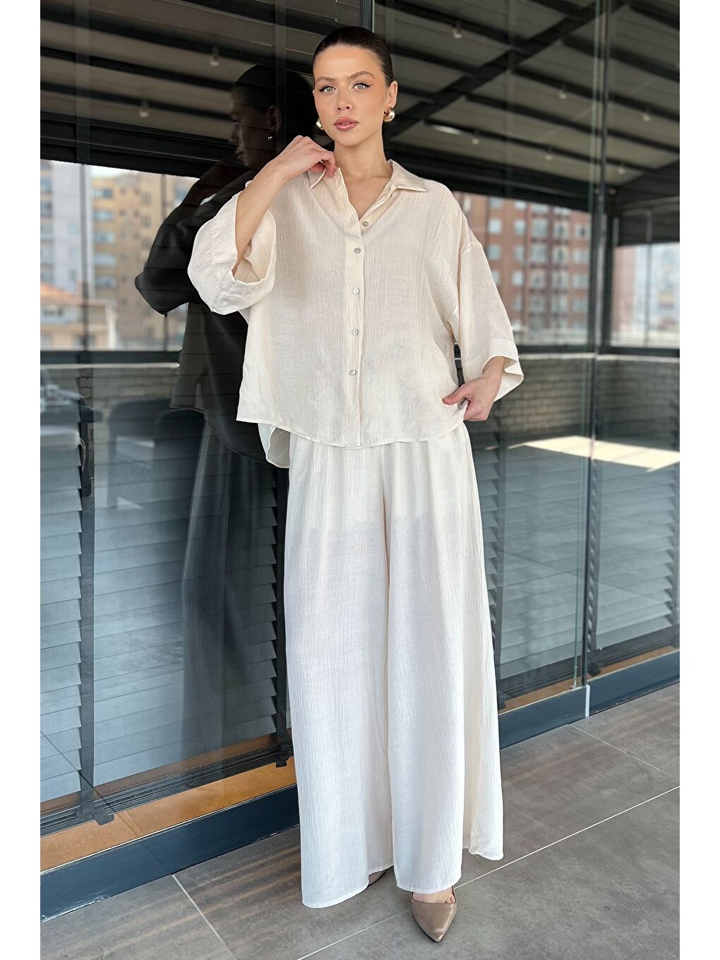 Bej Kadın Kısa Kol Gömlek Pantolon İkili Takım-1