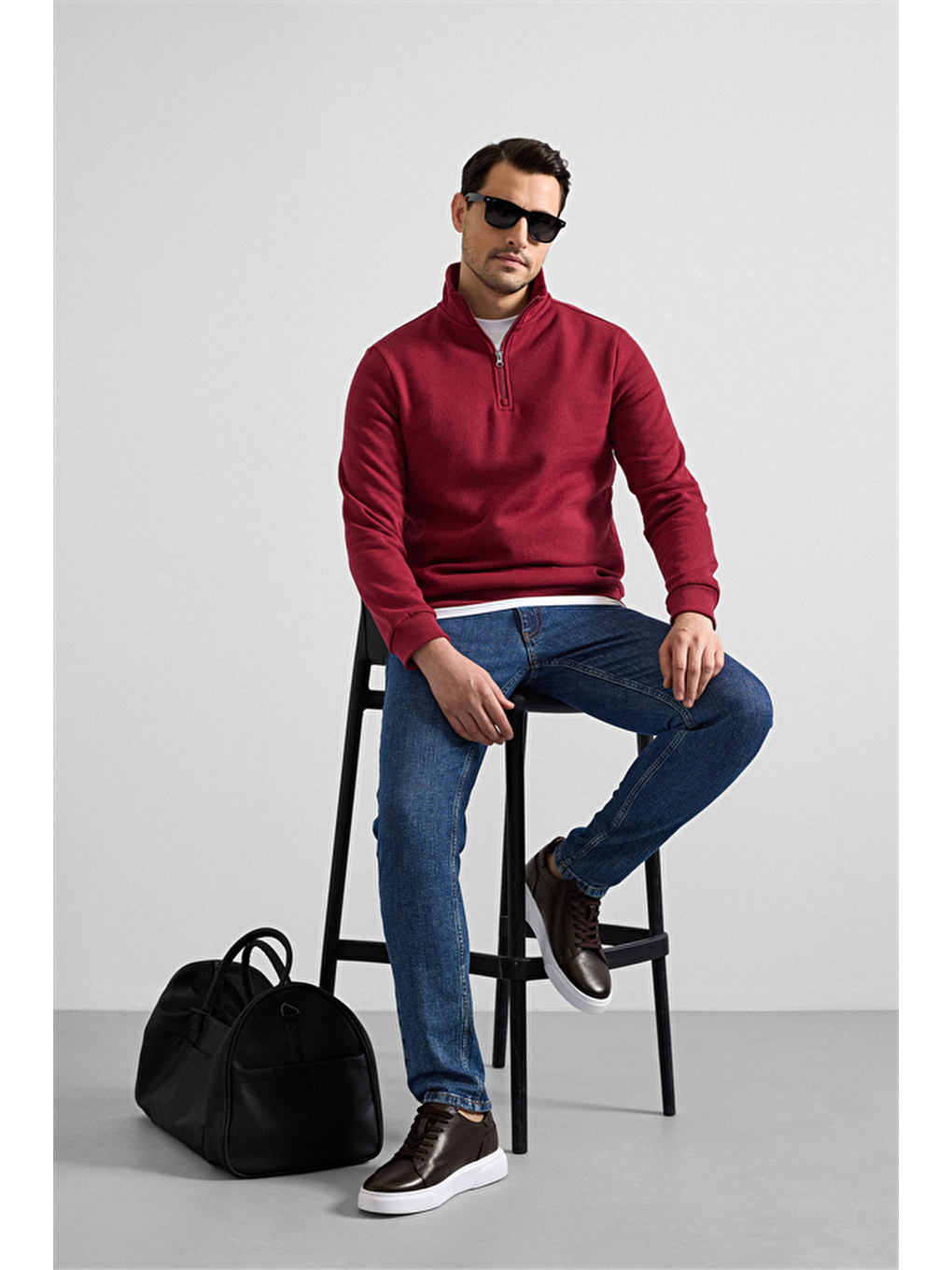 Koyu Bordo Regular Düz Yarım Balıkçı Yaka Sweatshirt-7
