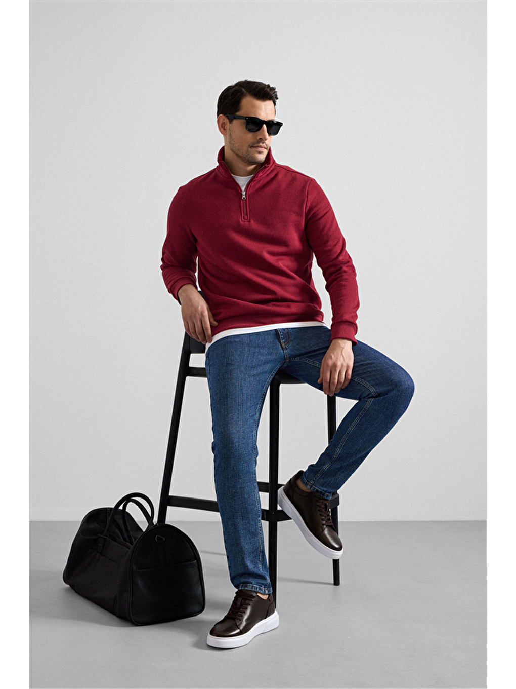 Koyu Bordo Regular Düz Yarım Balıkçı Yaka Sweatshirt-8