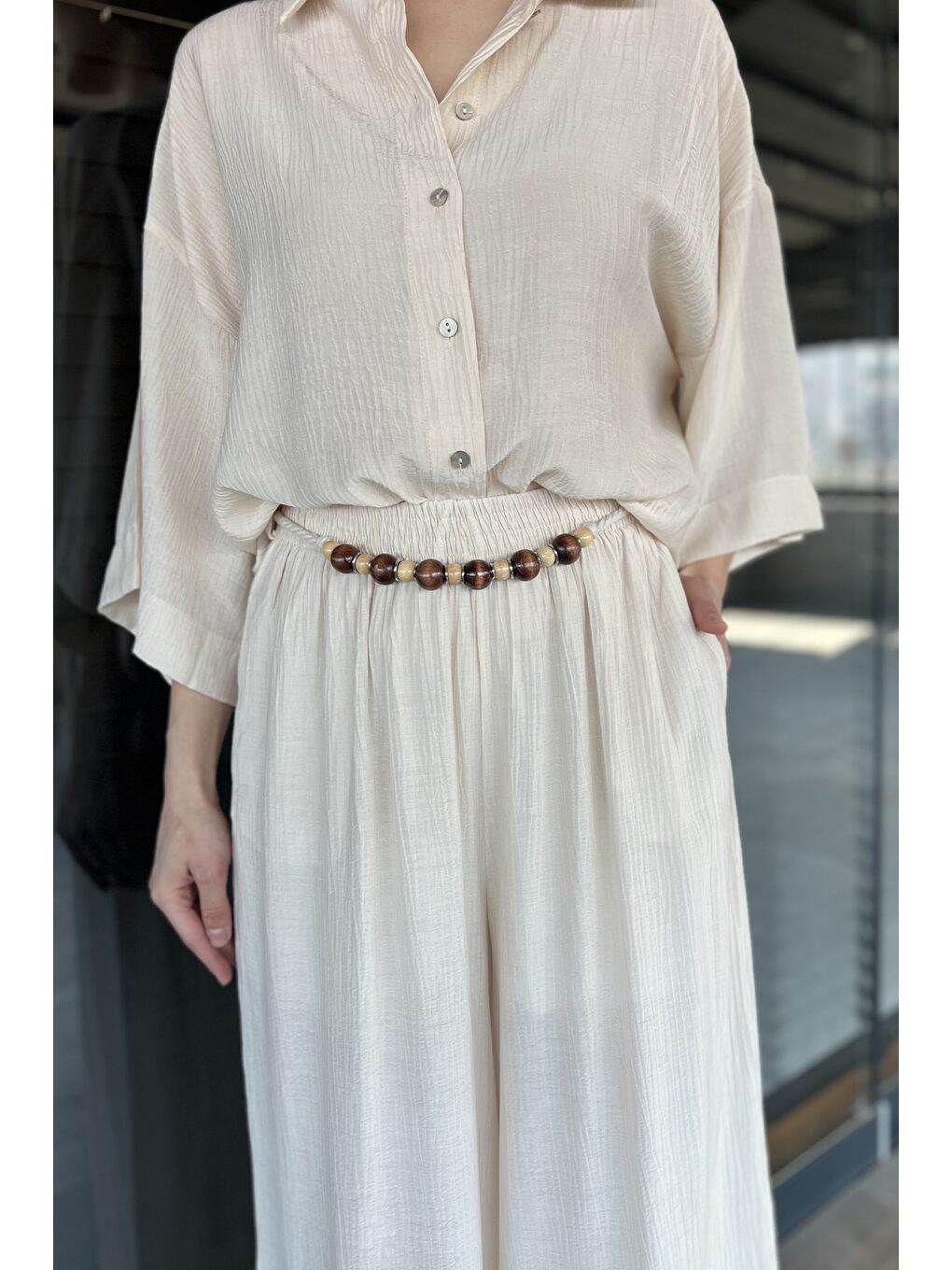 Bej Kadın Kısa Kol Gömlek Pantolon İkili Takım-3