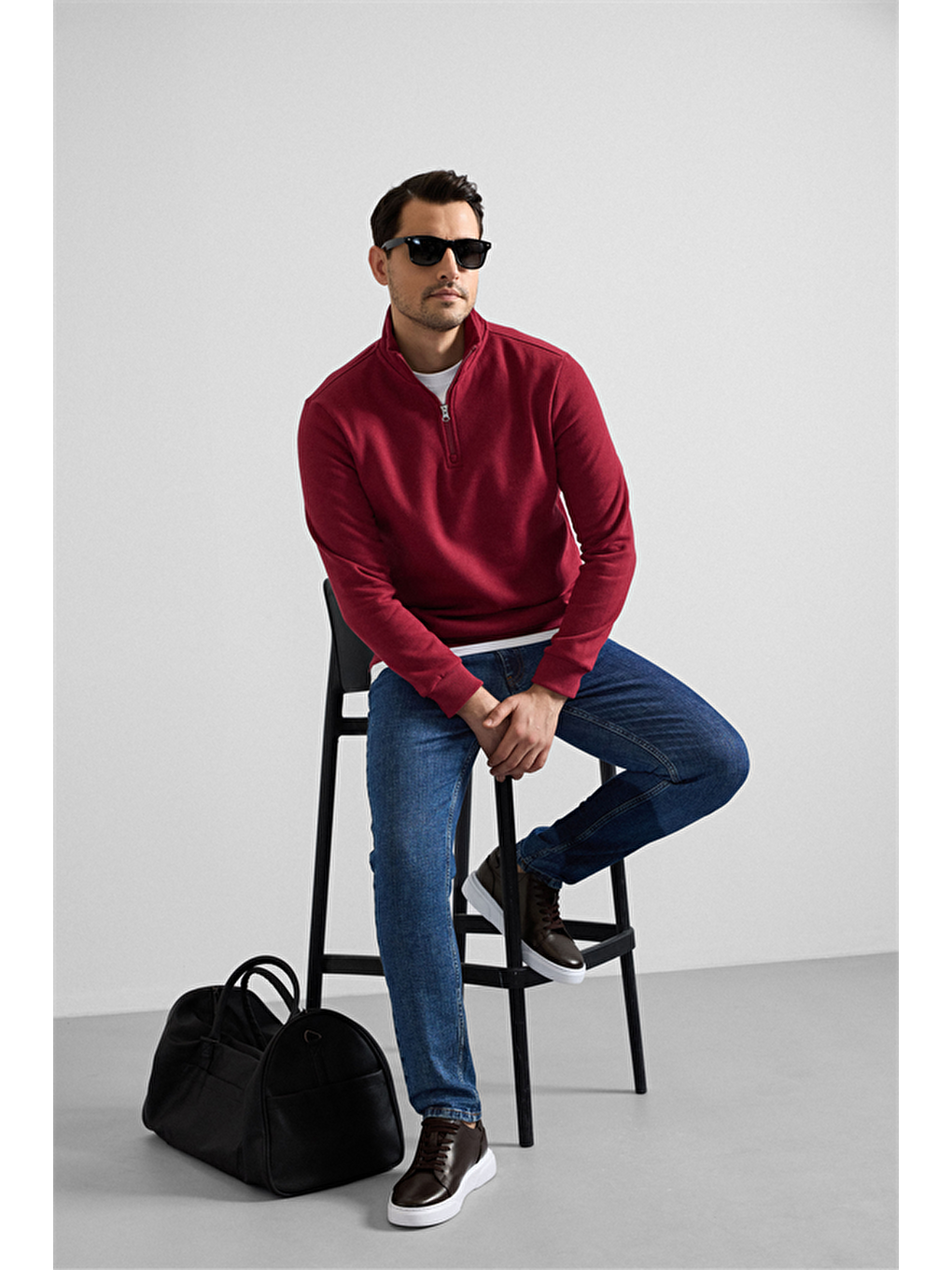 Koyu Bordo Regular Düz Yarım Balıkçı Yaka Sweatshirt-9