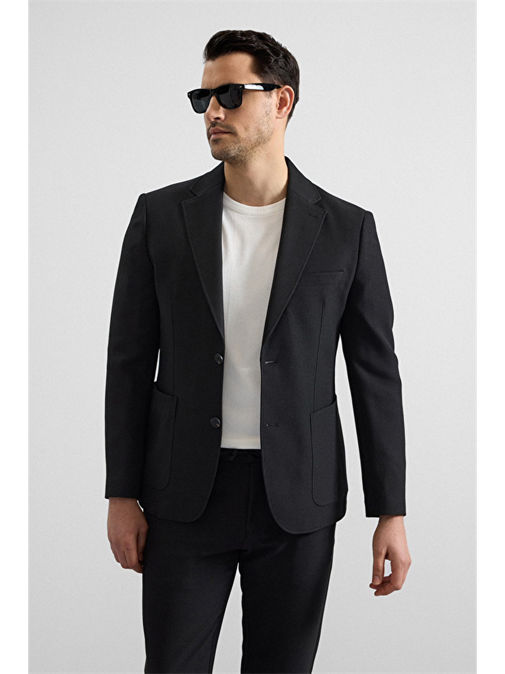 Siyah Slim Mono Yaka Düz Torba Cep 6 Drop Takım Elbise-2