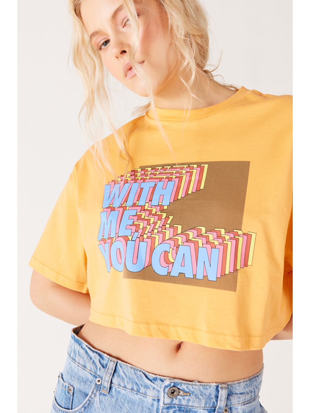 Turuncu Loose Fit Rahat Kesim %100 Pamuk Bisiklet Yaka Hardal Crop Tişört-2