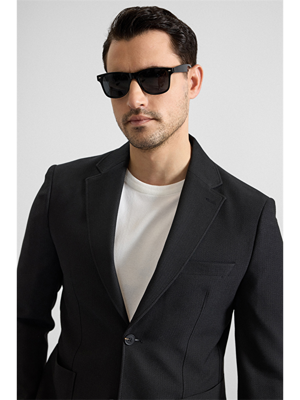 Siyah Slim Mono Yaka Düz Torba Cep 6 Drop Takım Elbise-3