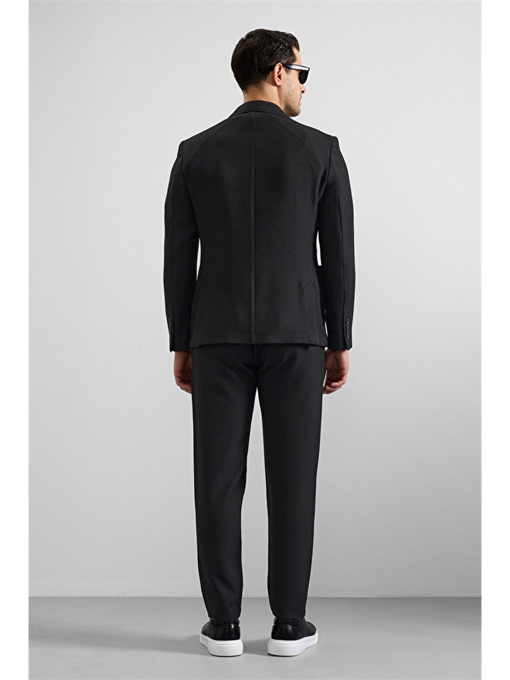 Siyah Slim Mono Yaka Düz Torba Cep 6 Drop Takım Elbise-5