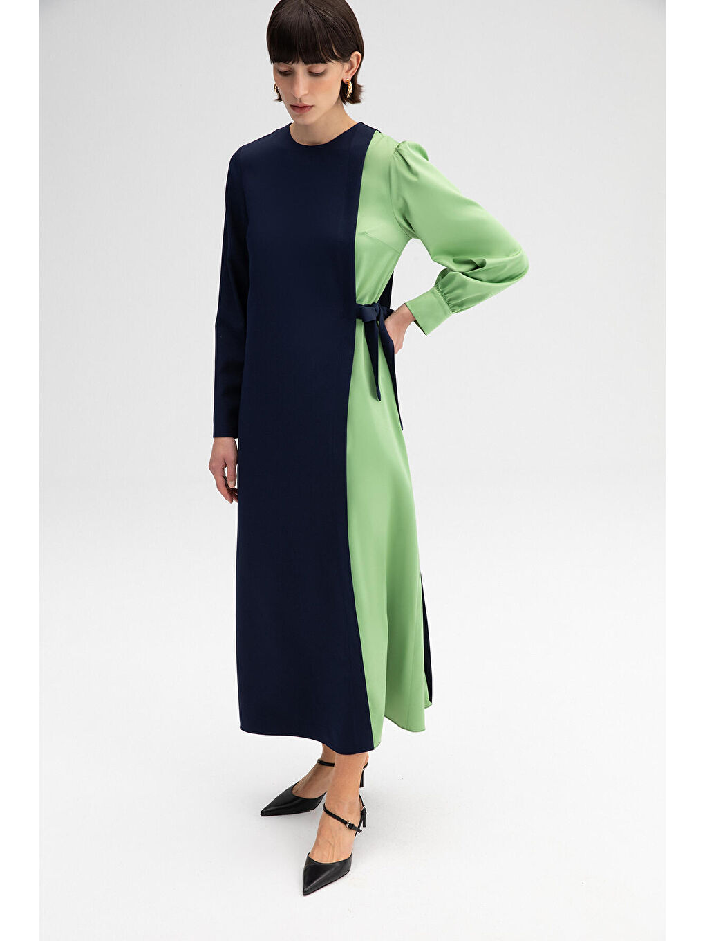 Lacivert Kontrast Renkli Elbise-1