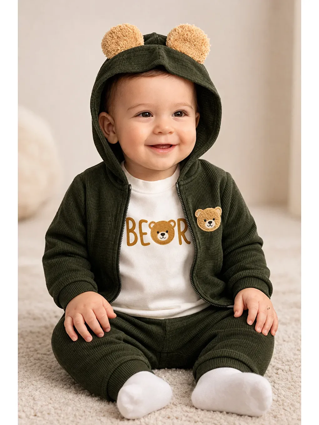 Haki Ayıcık Kulaklı Waffle Kumaş Hırkalı 3’lü Bebek Takımı (6-24 Ay)